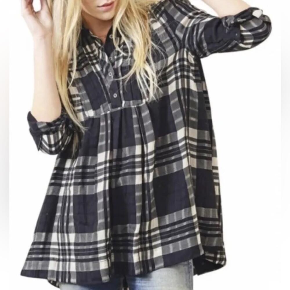 Free People Baby Blues Plaid Tunic Top Blouse Black Women Size Small